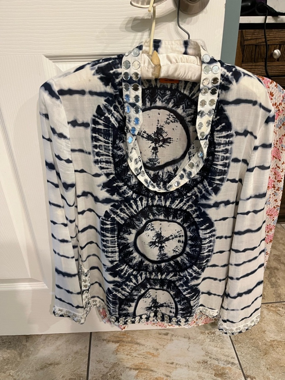 Tory Burch Navy and White Tie-Dye Embellished Tunic